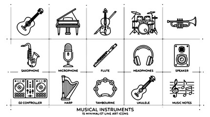 Musical instruments icons, black and white line art, 16 vector graphics, sound equipment symbols © Rosie