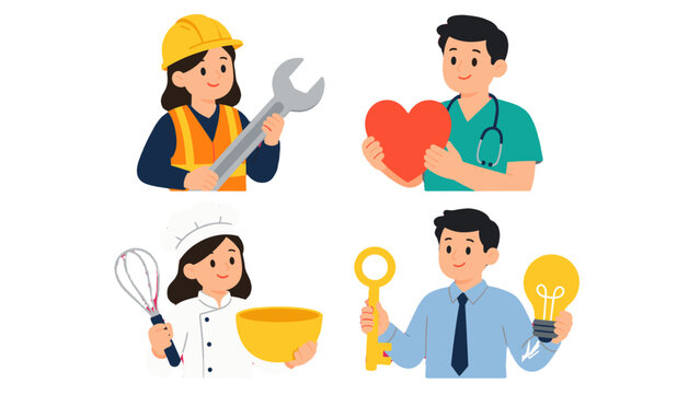 People in different professions holding tools and symbolic objects