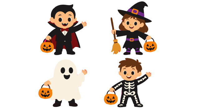 Cute children in Halloween costumes holding pumpkin buckets