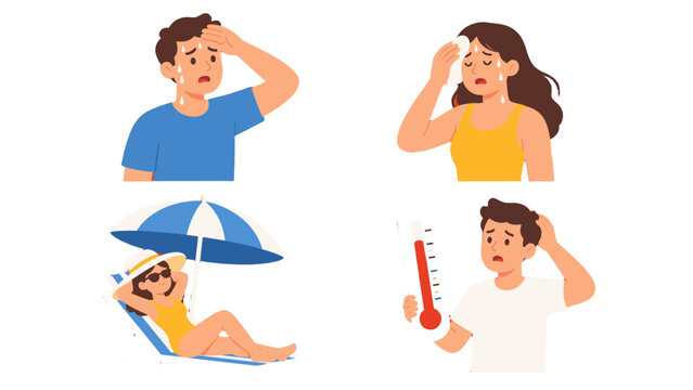 People feeling hot in summer heat flat vector set