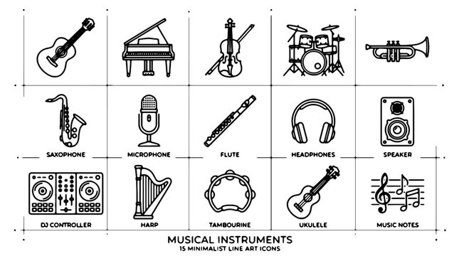 Musical instruments icons, black and white line art, 16 vector graphics, sound equipment symbols