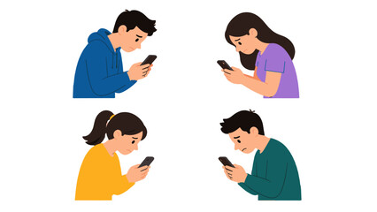 Fototapeta premium Four people looking down at smartphones in flat vector style