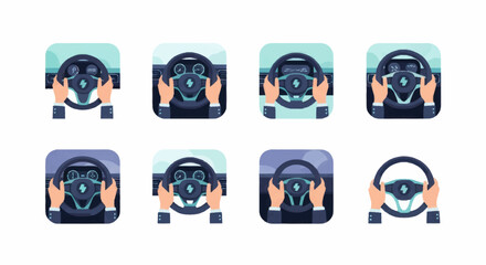Set of car steering wheels with hands driving. © Kaca