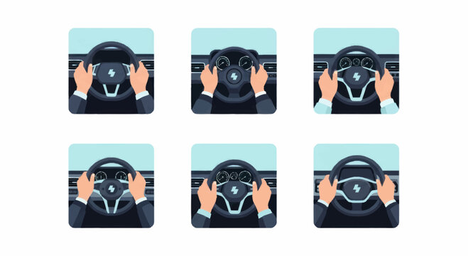 Hands on the steering wheel of a car in different positions.
