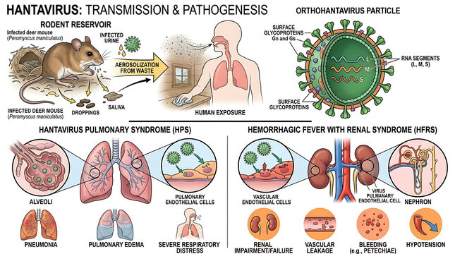 Microscopic 3D illustration of hantavirus particle, zoonotic rna pathogen causing pulmonary syndrome and hemorrhagic fever, infectious virus transmitted through rodent waste and secretion.