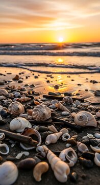 Beautiful Sunset Beach View with Many Seashells.
