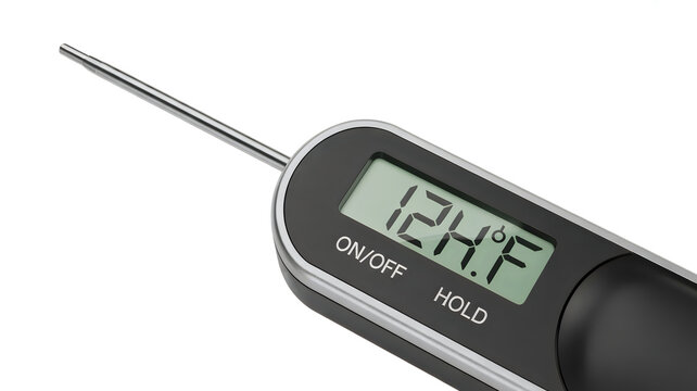 Digital meat thermometer showing 142 degrees fahrenheit