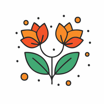 Stylized Twin Flowers with Leaves and Dots