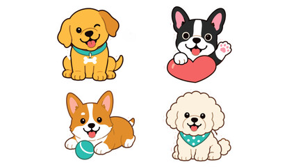 Naklejka premium Cute cartoon dog sticker set with four playful puppy characters