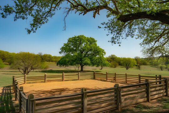 Empty wooden cattle pen in a lush green field under blue sky