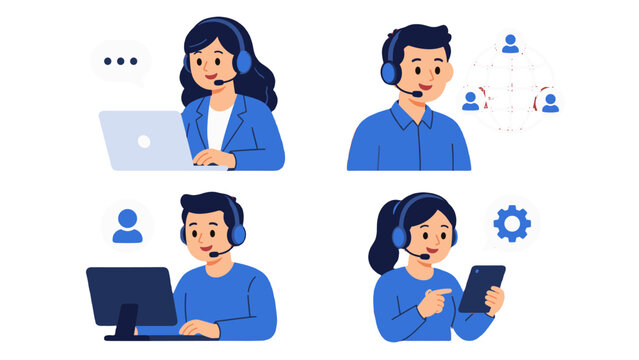 Customer support agents with headsets using laptop and tablet