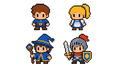 Pixel art fantasy character set with hero, girl, mage and knight © Andrei