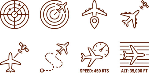 Airplane and aviation icons radar airplane flight path speed altitude and satellite connection. © Sadhin