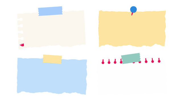 Set of torn paper note pieces with tape and push pin