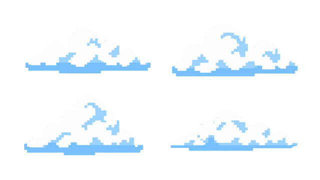 Set of pixel art cloud sprites isolated on white background