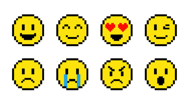 Pixel art emoticon faces with different facial expressions set