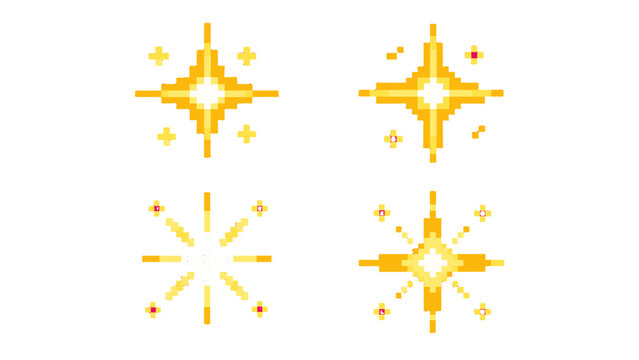 Set of golden pixel sparkle stars isolated on white