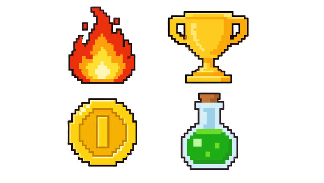 Pixel art game icons with fire, trophy, coin, and potion