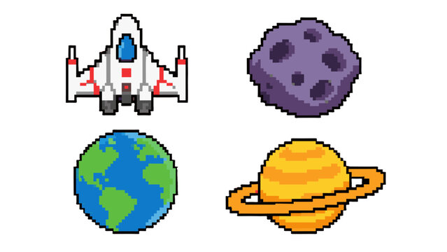 Pixel art spaceship, asteroid, Earth and ringed planet icons