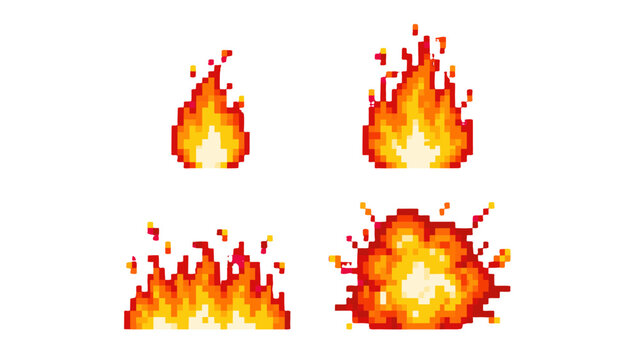 Pixel art fire flames and explosion sprite set on white