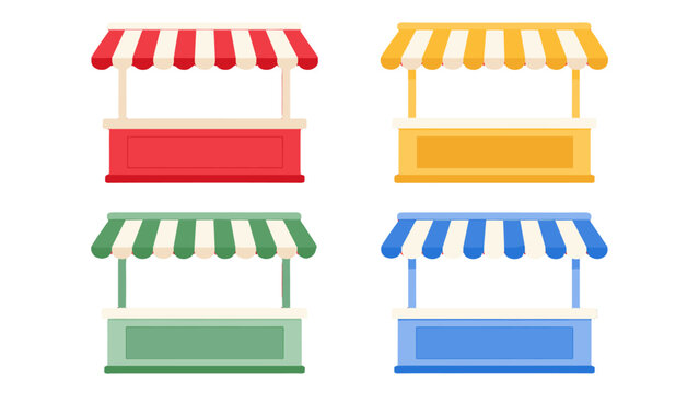 Set of colorful market stalls with striped awnings
