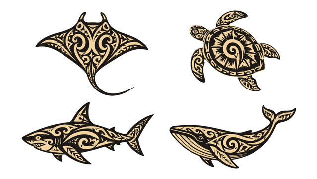 Tribal ocean animal set with stingray turtle shark and whale