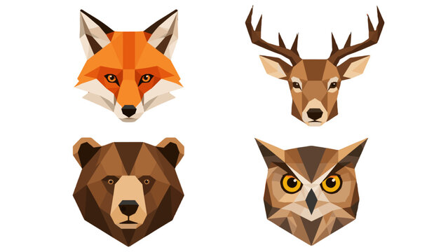 Low poly animal head set with fox deer bear and owl