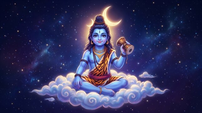 Baby Lord Shiva Sitting on Clouds with Divine Glow &ndash; Celestial Devotional Artwork