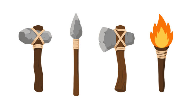 Primitive stone tools set with hammers spear and torch