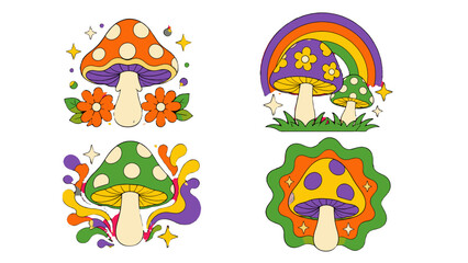 Fototapeta premium Colorful psychedelic mushroom illustrations with flowers and rainbow