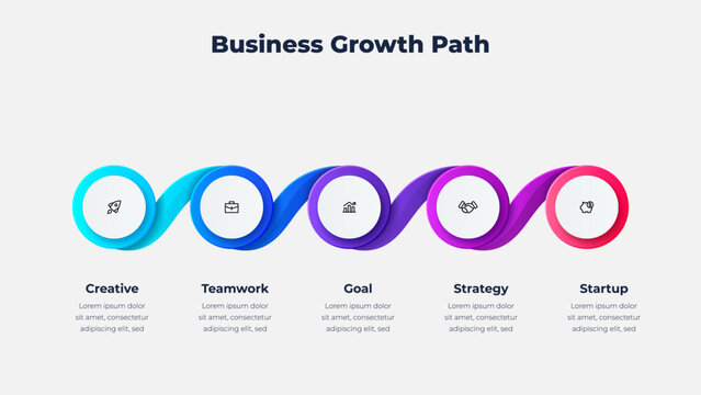 Five Step Wavy Business Growth Path Infographic with Circle Markers for Workflow Timeline Planning