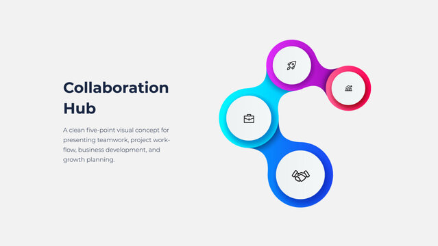 Five Point Collaboration Hub Infographic with Connected Circle Layout for Business Workflow Planning