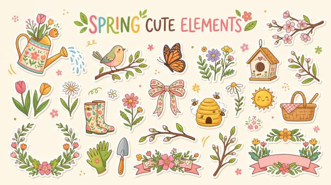 A collection of cute spring themed stickers featuring flowers and garden items