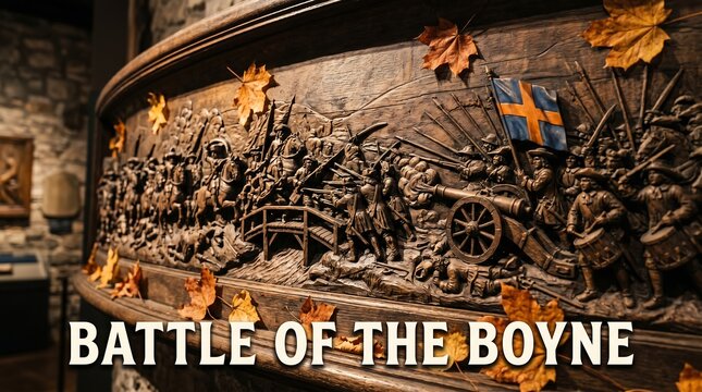 Detailed wood carving depicting the historic Battle of the Boyne with soldiers, cannons, and autumn leaves scattered across the relief.