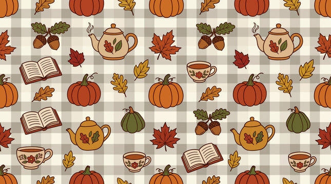 A seamless pattern featuring autumn pumpkins, tea pots and fallen leaves