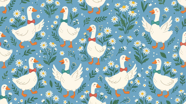 A seamless pattern featuring cute white geese and small flowers on a blue background