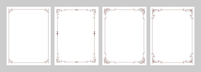 Set of elegant vintage border frames featuring ornamental corner decorations, classic line art details, and minimalist layouts for invitations, certificates, menus, greeting cards, stationery. Vector © Ilonka eva