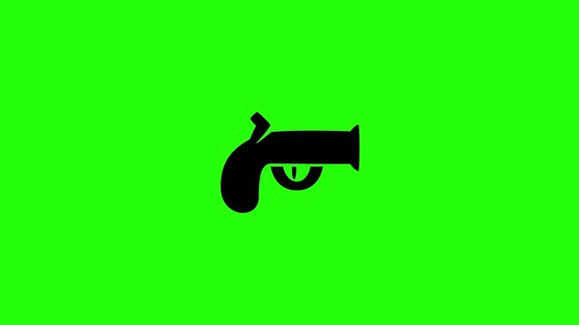 Beautiful 4K motion asset containing an ancient flintlock wooden pistol handgun weapon silhouette bouncing. Clean popup graphic for pirate theme layout.