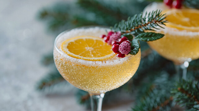Elegant sparkling cocktail in a coupe glass decorated with orange, frosted berries, and spruce branches for the holidays.