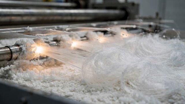 Close medium shot capturing insulation fiber formation in meltblown polypropylene process where molten polymer is attenuated into ultrafine fibers by powerful air streams