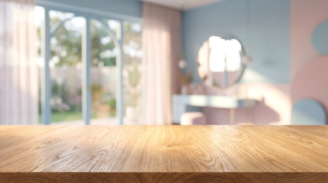 Wood table surface mockup for product display in blurred pastel bedroom interior background with feminine decor