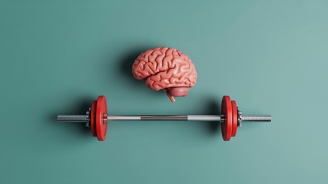 Brain and barbell representing mental strength fitness and cognitive performance