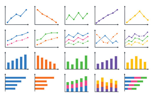 Set of 20 isolated blank generic line graph and bar chart templates with colorful flat data visualization elements, suitable for business reports, infographics, and corporate financial presentations.
