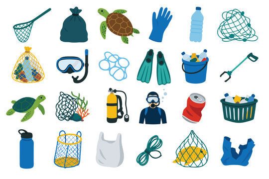 Diverse collection of 20 isolated ocean cleanup assets with fishing nets, plastic waste, sea turtles, and diving gear. Flat vector style icons for marine conservation and environmental protection.
