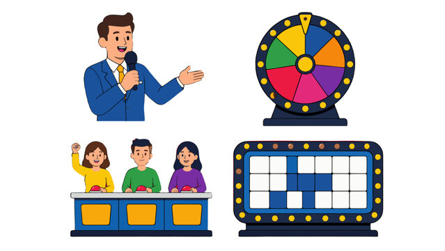 Quiz show vector set with host, contestants, wheel and puzzle board