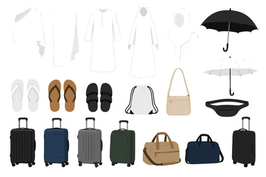 Set of pilgrimage travel elements featuring traditional white garments, simple sandals, and spiritual travel accessories isolated on white for religious journey, Hajj, and Umrah rituals.