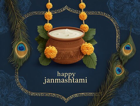 Orange matki pot with butter hanging from strings marigold garlands peacock feathers gold frames dark blue black gradient background happy janmashtami text