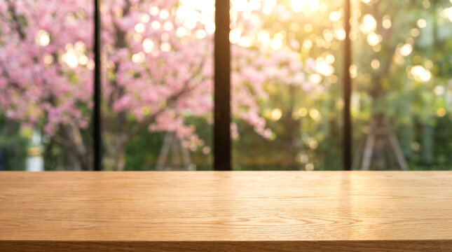 Empty wooden table mockup in blurred pink cherry blossom garden background with warm sunset light and bokeh