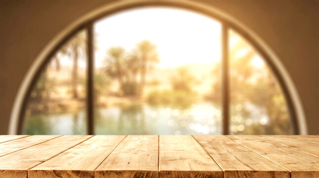 Wooden table surface for product display in blurred arch window background with palm trees and lake view sunset