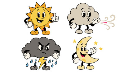 Fototapeta premium Retro cartoon weather character set with sun cloud storm and moon